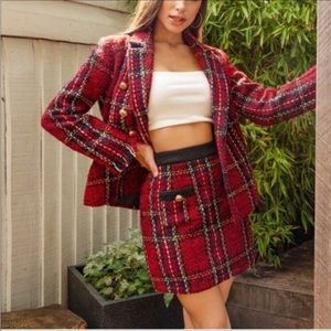 Zara Red Plaid Tweed Gold Buttons Skirt